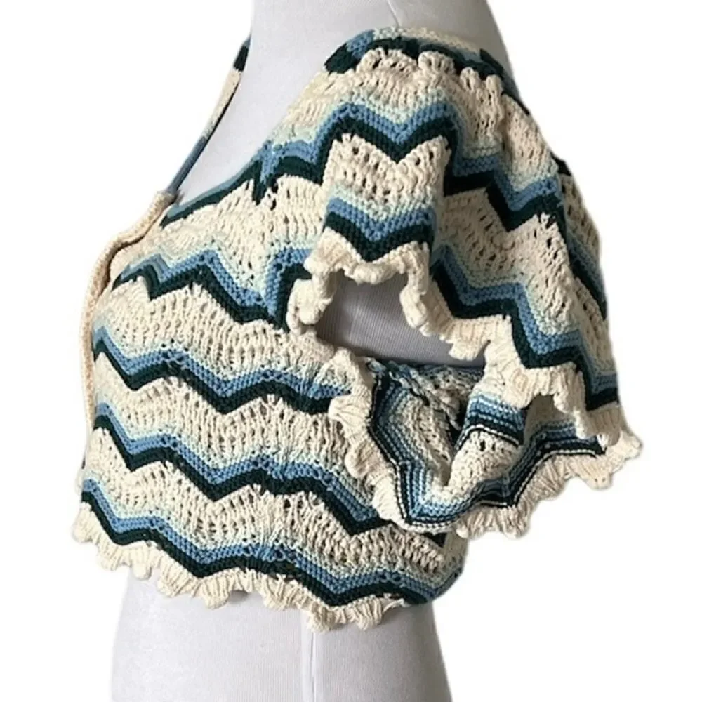 Zara Blue Wave Crochet Knit Top size M - Picture 7 of 7